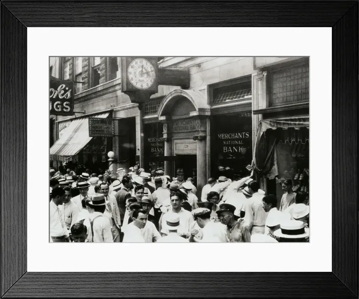 Framed Print : Crowd Swarming Outside Bank