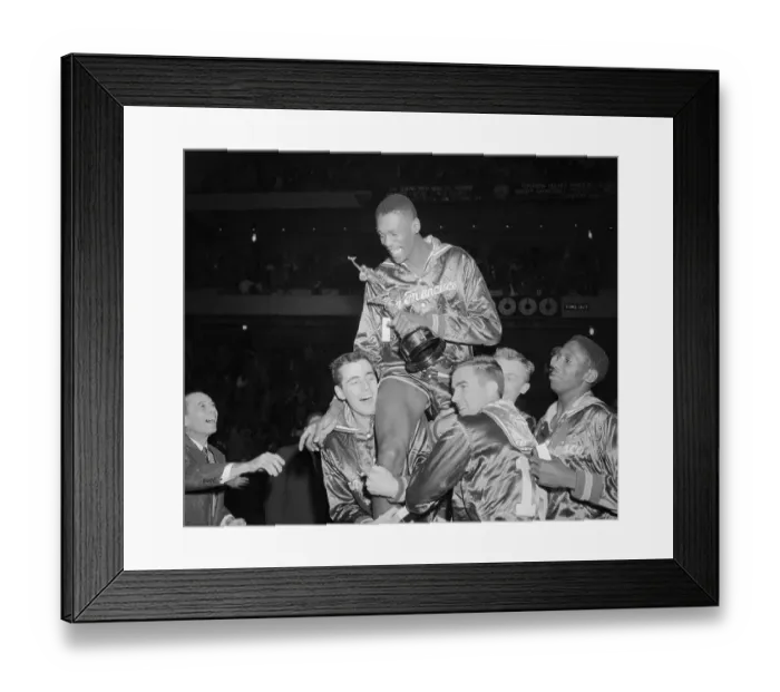 Framed Print : Basketball Player Bill Russell Riding on Teammates Shoulders Framed Print : Basketball Player Bill Russell Riding on Teammates Shoulders