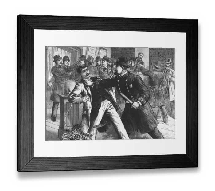Framed Print : Woodcut Print of Police Raiding Bookie Room Framed Print : Woodcut Print of Police Raiding Bookie Room