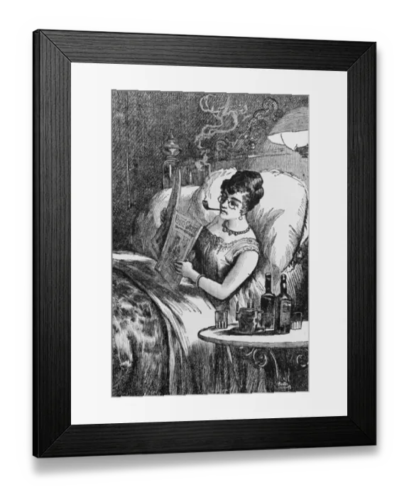 Framed Print : Woman Smoking Pipe in Bed While Reading Police Gazette Framed Print : Woman Smoking Pipe in Bed While Reading Police Gazette
