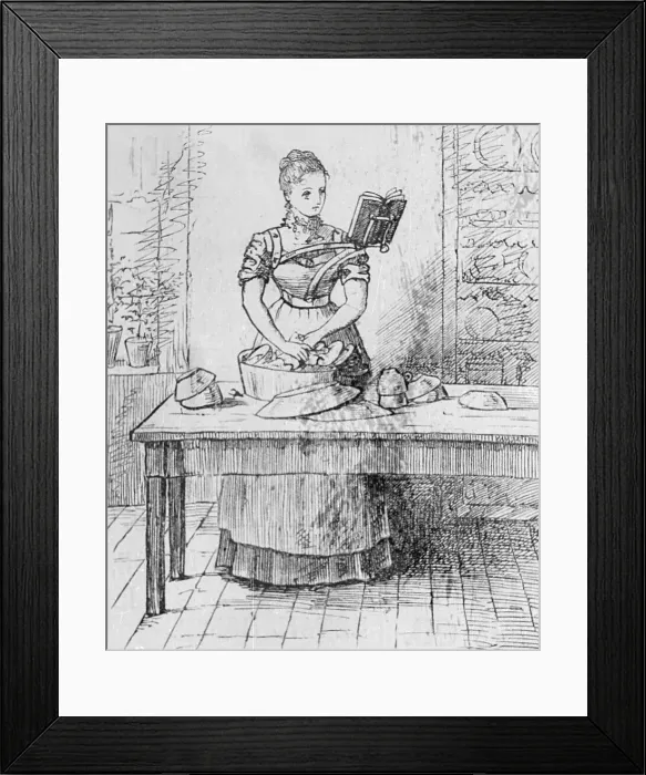 Framed Print : Woman Washing Dishes and Reading Book Framed Print : Woman Washing Dishes and Reading Book