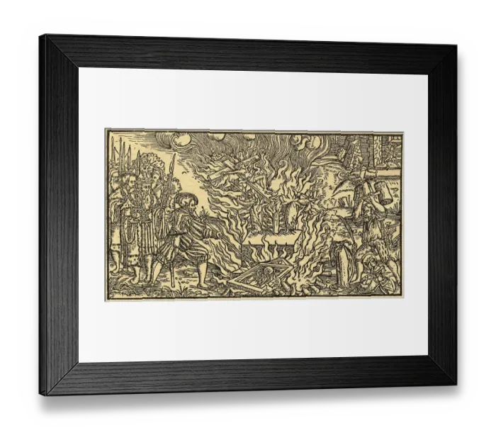 Framed Print : Woodcut of Men Burning Religious Symbols Framed Print : Woodcut of Men Burning Religious Symbols