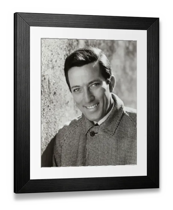 Framed Print : Portrait of Andy Williams Wearing Houndstooth Check Overcoat Framed Print : Portrait of Andy Williams Wearing Houndstooth Check Overcoat