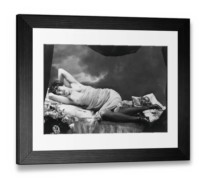 Framed Print : Postcard with Young Woman Lounging on Her Side Framed Print : Postcard with Young Woman Lounging on Her Side