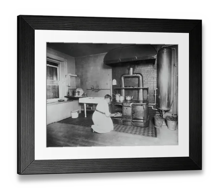 Framed Print : Woman Stooping to Check Oven Recipe in Kitchen Framed Print : Woman Stooping to Check Oven Recipe in Kitchen