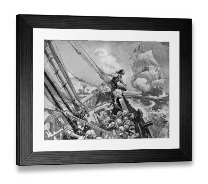 Framed Print : Pirate Ship in Pursuit of Merchant Vessel with Booty Framed Print : Pirate Ship in Pursuit of Merchant Vessel with Booty