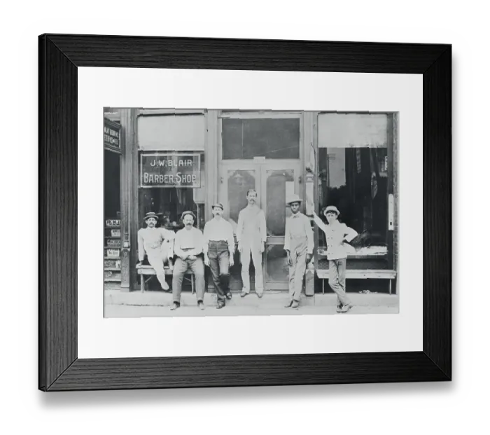 Framed Print : Barbers and Clients Standing Outside Framed Print : Barbers and Clients Standing Outside