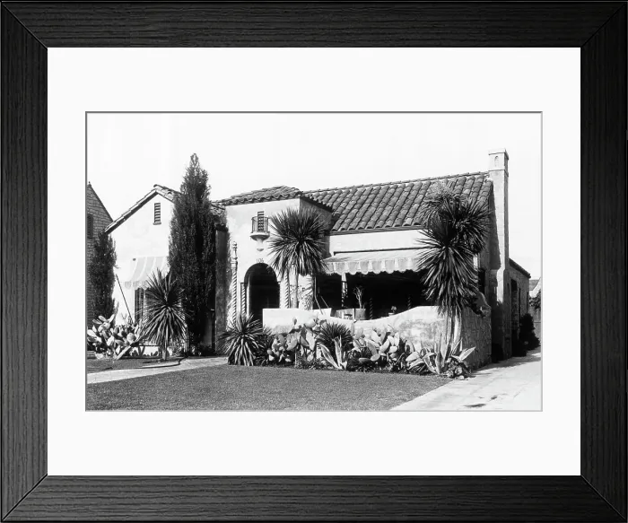 Framed Print : Facade of Spanish-Style Stucco Bungalow Framed Print : Facade of Spanish-Style Stucco Bungalow
