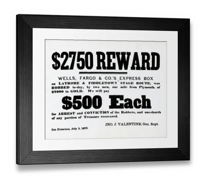 Framed Print : Reward Postrer For Stage Robbers Framed Print : Reward Postrer For Stage Robbers