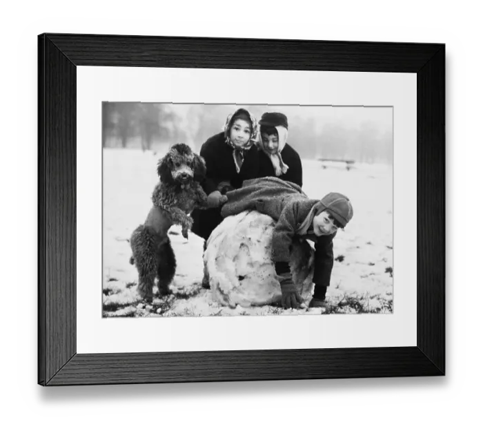 Framed Print : Group of children (8-9) and dog posing with huge snow ball Framed Print : Group of children (8-9) and dog posing with huge snow ball