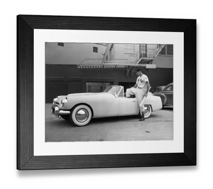 Framed Print : Ted Williams Standing by His Flajole Sports Car Framed Print : Ted Williams Standing by His Flajole Sports Car