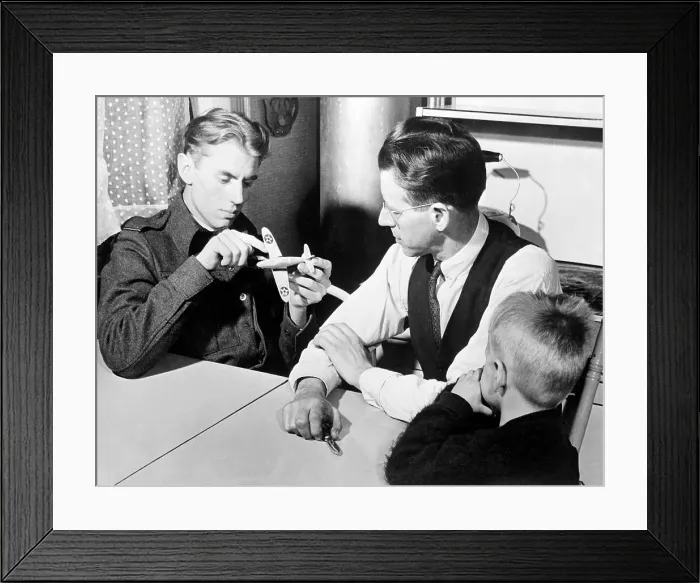 Framed Print : George F. Beurling Examining Model Plane with Father Framed Print : George F. Beurling Examining Model Plane with Father