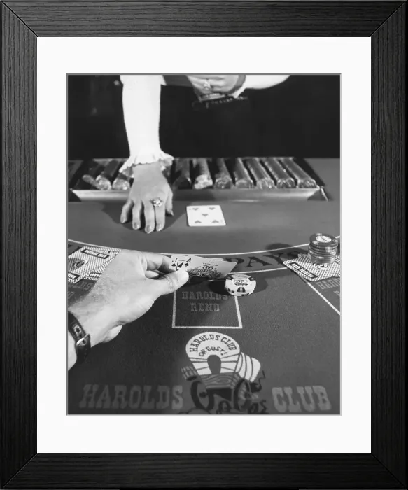 Framed Print : Hand Looking at Cards on Blackjack Table Framed Print : Hand Looking at Cards on Blackjack Table