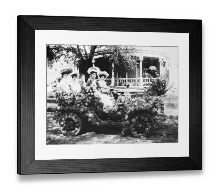 Framed Print : Four Young Ladies In Flower Decorated Ca Framed Print : Four Young Ladies In Flower Decorated Ca