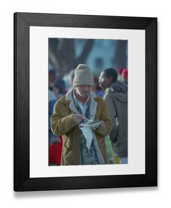 Framed Print : Homeless Man Eating Thanksgiving Dinner
