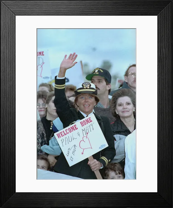 Framed Print : Woman Waving to USS English Framed Print : Woman Waving to USS English