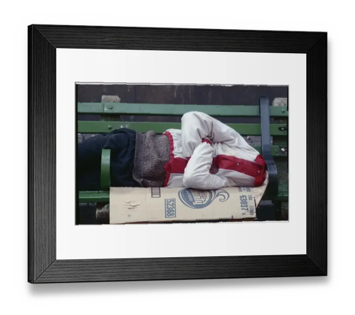 Framed Print : Homeless Person Sleeping on Bench Framed Print : Homeless Person Sleeping on Bench