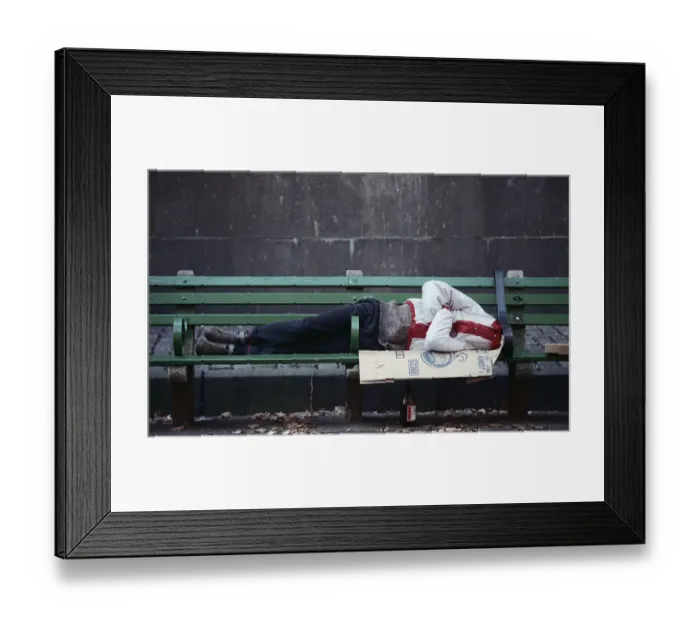 Framed Print : Homeless Person Sleeping on Bench Framed Print : Homeless Person Sleeping on Bench