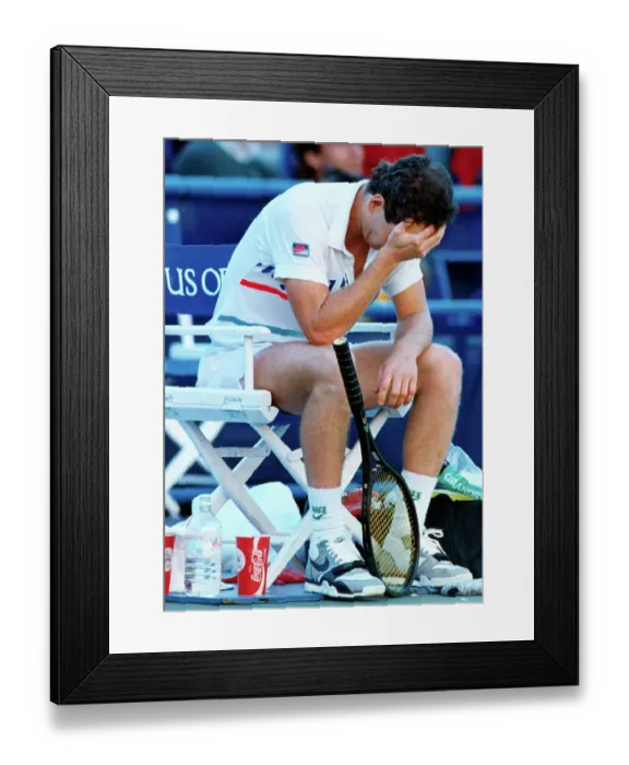 Framed Print : John McEnroe Resting Head in Hand Between Sets Framed Print : John McEnroe Resting Head in Hand Between Sets