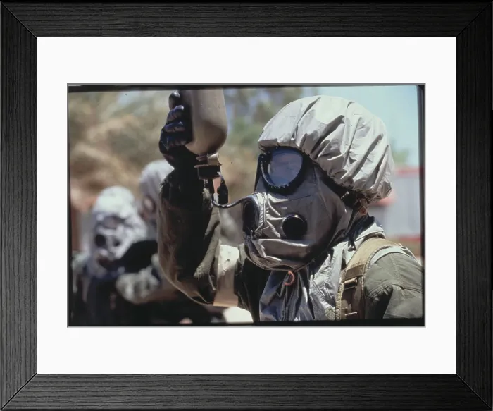 Framed Print : Soldier Utilizing Gas Mask Uniform Framed Print : Soldier Utilizing Gas Mask Uniform