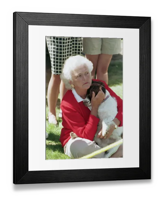 Framed Print : First Lady Barbara Bush Cuddling Her Dog Millie Framed Print : First Lady Barbara Bush Cuddling Her Dog Millie