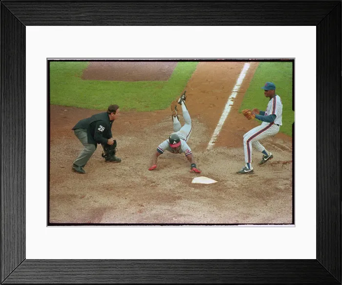 Framed Print : Baseball Player Ron Gant Sliding to Home Base Framed Print : Baseball Player Ron Gant Sliding to Home Base