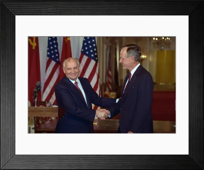Framed Print : George Bush and Mikhail Gorbachev Shaking Hands