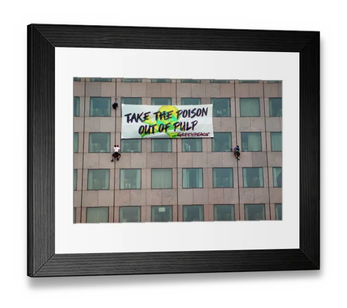 Framed Print : 2 Climbers Hang Greenpeace Sign On Blg Framed Print : 2 Climbers Hang Greenpeace Sign On Blg