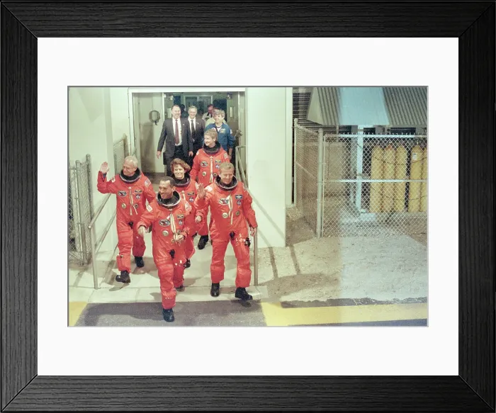 Framed Print : Discovery Crew For Hubble Pose In Suits Framed Print : Discovery Crew For Hubble Pose In Suits
