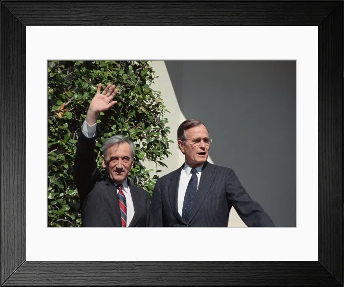 Framed Print : George Bush and Tadeusz Mazowiecki Waving Framed Print : George Bush and Tadeusz Mazowiecki Waving