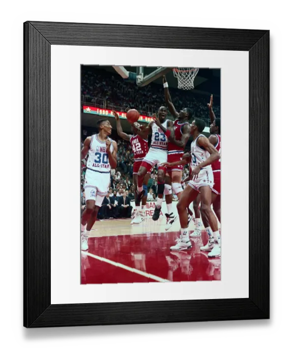 Framed Print : Michael Jordan Going up for the Basket in Front of Akeem Olajuwon Framed Print : Michael Jordan Going up for the Basket in Front of Akeem Olajuwon