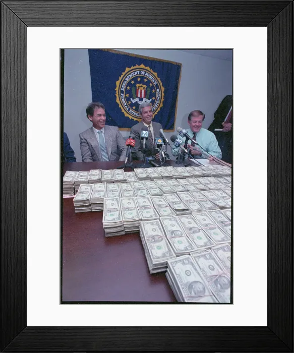 Framed Print : Claude Covino and Others at Press Conference with Money Framed Print : Claude Covino and Others at Press Conference with Money