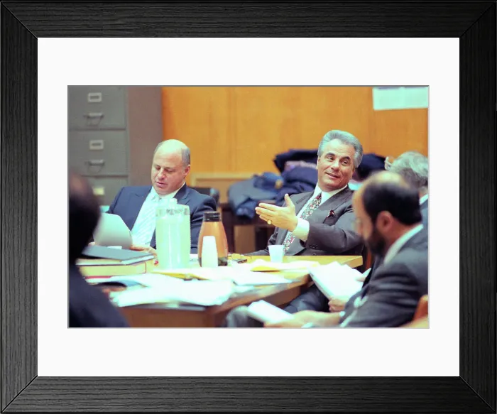 Framed Print : John Gotti with Lawyers in Courtroom Framed Print : John Gotti with Lawyers in Courtroom