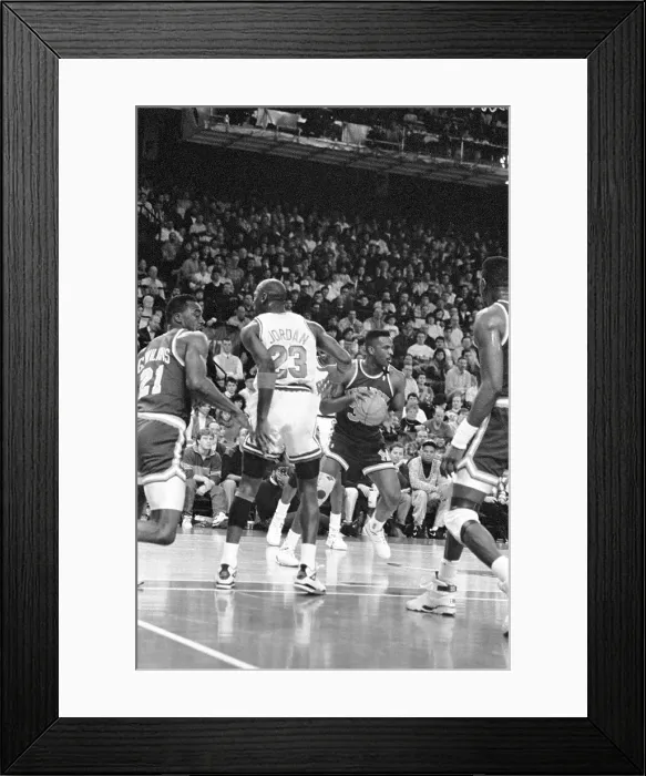Framed Print : Michael Jordan Jumping by Patrick Ewing to Score Framed Print : Michael Jordan Jumping by Patrick Ewing to Score