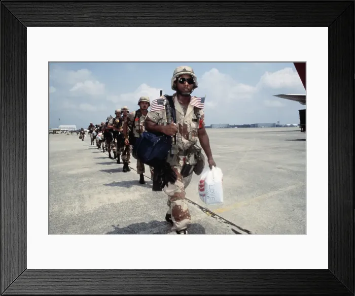 Framed Print : American Soldiers Marching to Airplane on Saudi Arabian Runway Framed Print : American Soldiers Marching to Airplane on Saudi Arabian Runway