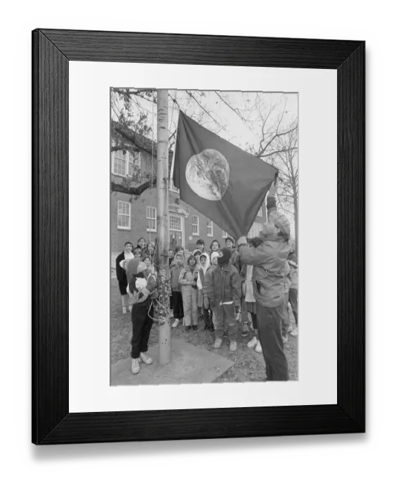 Framed Print : Children Watch as the Earth Day Flag is Raised Framed Print : Children Watch as the Earth Day Flag is Raised