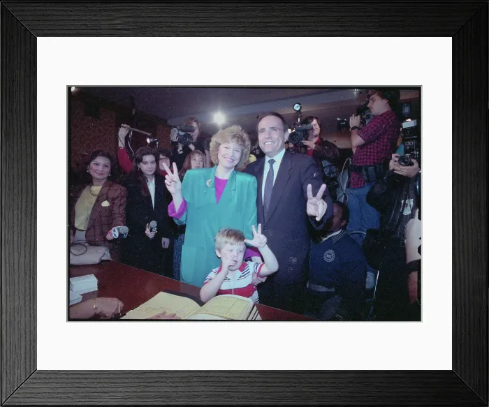 Framed Print : Rudolph Giuliani with Wife and Son Giving Victory Sign Framed Print : Rudolph Giuliani with Wife and Son Giving Victory Sign