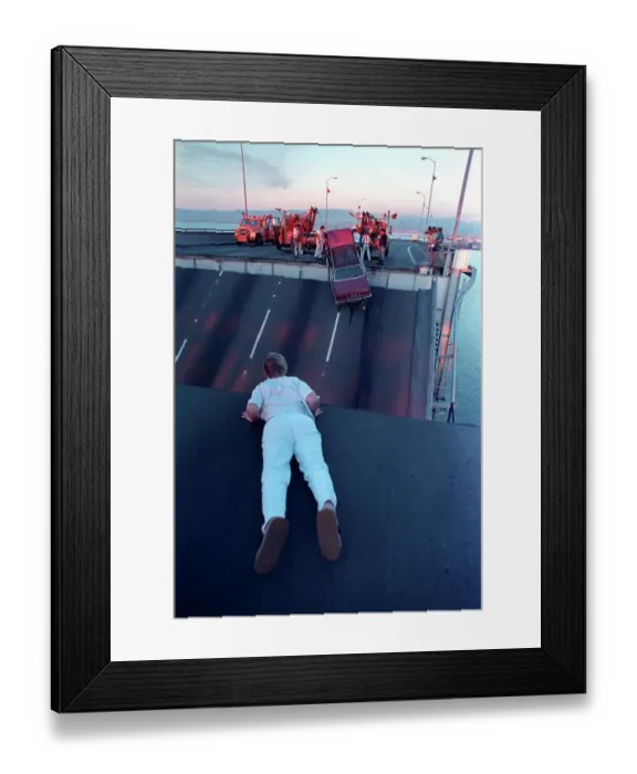 Framed Print : Woman Looks Over the Edge of Collapsed Bridge Framed Print : Woman Looks Over the Edge of Collapsed Bridge