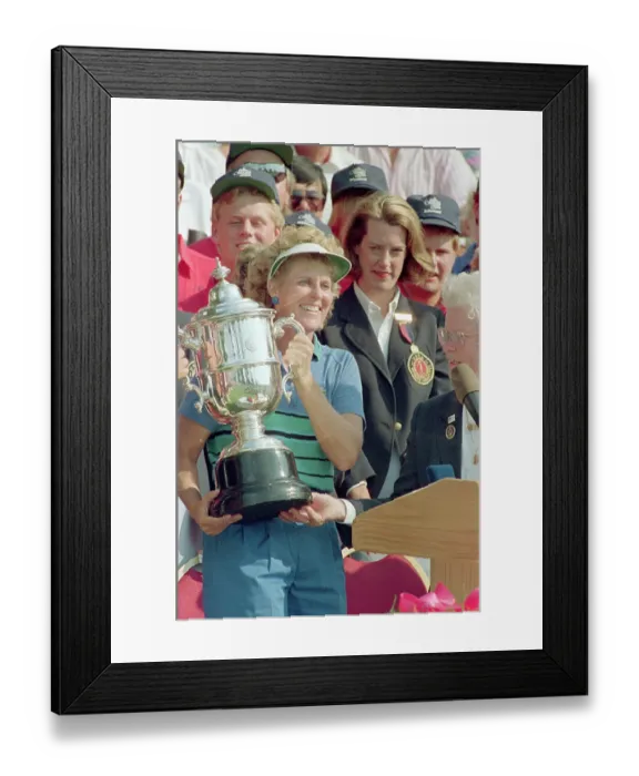 Framed Print : Betsy King in Visor with Trophy Smiling