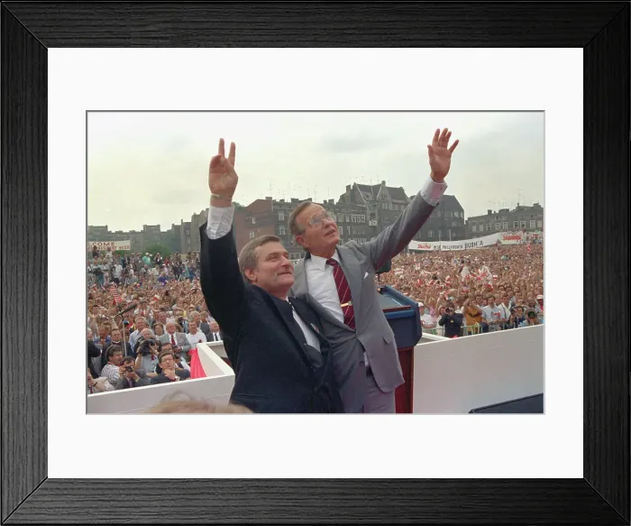 Framed Print : George Bush and Lech Walesa Waving Framed Print : George Bush and Lech Walesa Waving