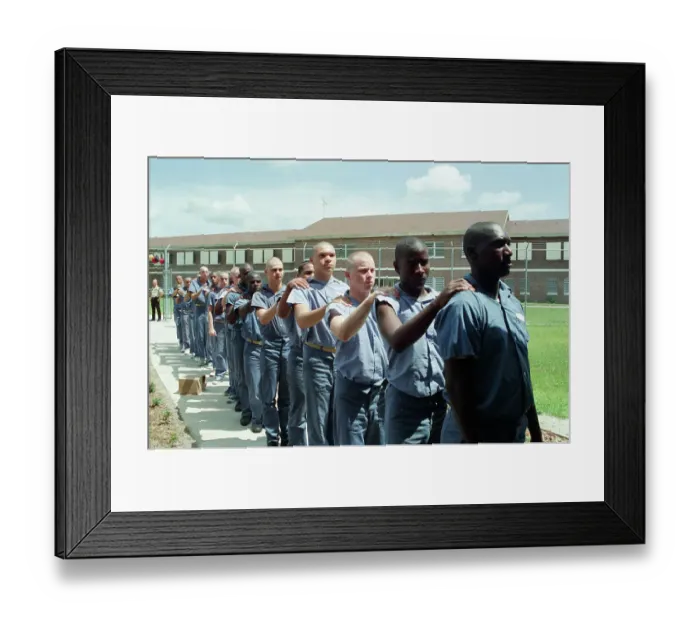 Framed Print : Bald Prison Inmates Marching in Yard Framed Print : Bald Prison Inmates Marching in Yard