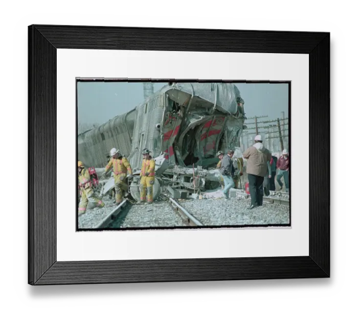 Framed Print : Cement Truck Lying in Front of Commuter Train Framed Print : Cement Truck Lying in Front of Commuter Train