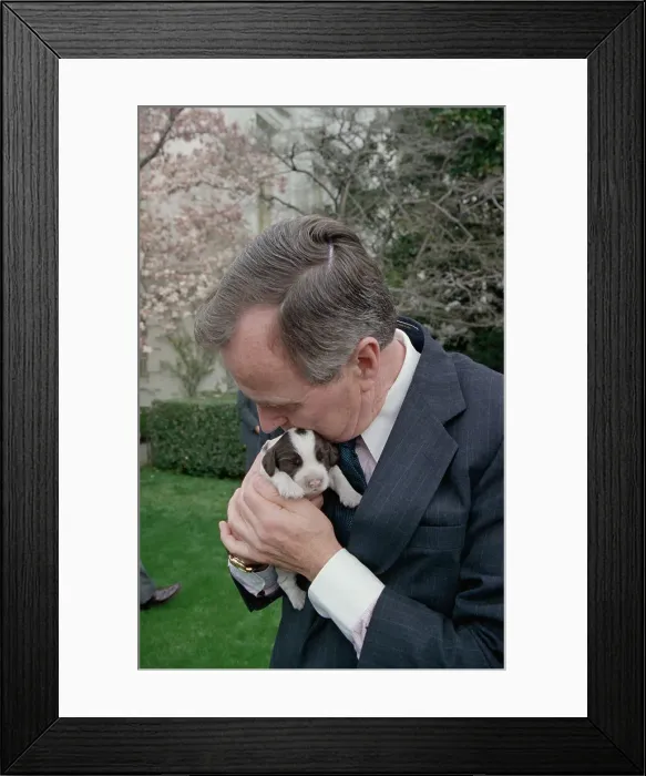 Framed Print : President George Bush Holding Puppy Framed Print : President George Bush Holding Puppy
