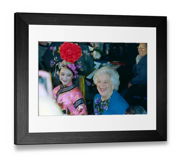 Framed Print : First Lady Barbara Bush Posing with Elephant Statue Framed Print : First Lady Barbara Bush Posing with Elephant Statue