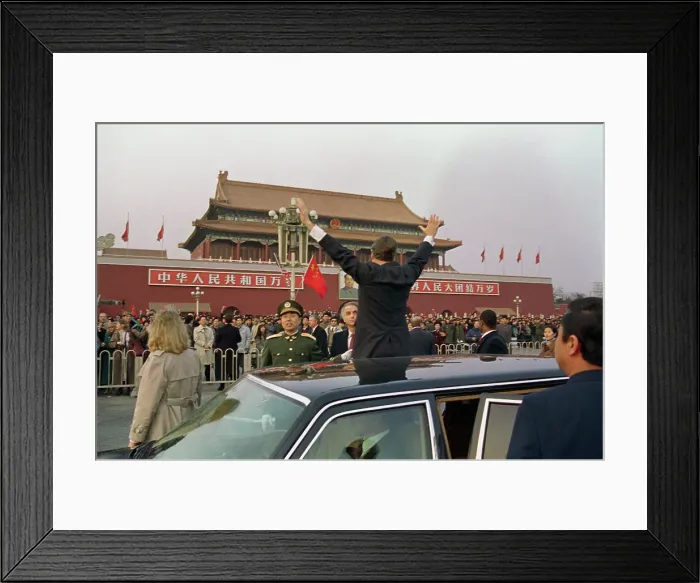 Framed Print : George Bush Waving to Chinese Onlookers Framed Print : George Bush Waving to Chinese Onlookers