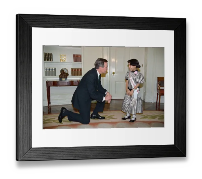 Framed Print : President George Bush Chatting with Easter Seal Child Framed Print : President George Bush Chatting with Easter Seal Child