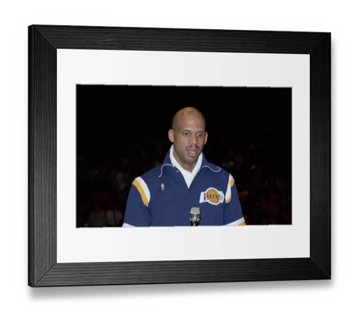 Framed Print : Portrait of Basketball Great Kareem Abdul Jabbar at Microphone