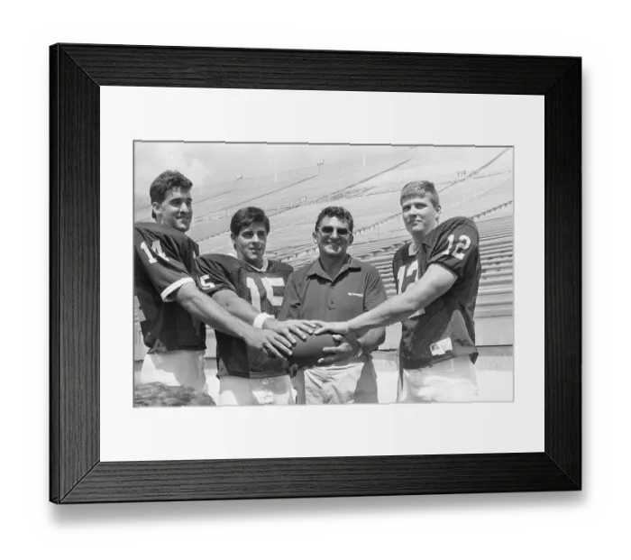 Framed Print : Coach Joe Paterno with Three Quarterback Hopefuls Framed Print : Coach Joe Paterno with Three Quarterback Hopefuls