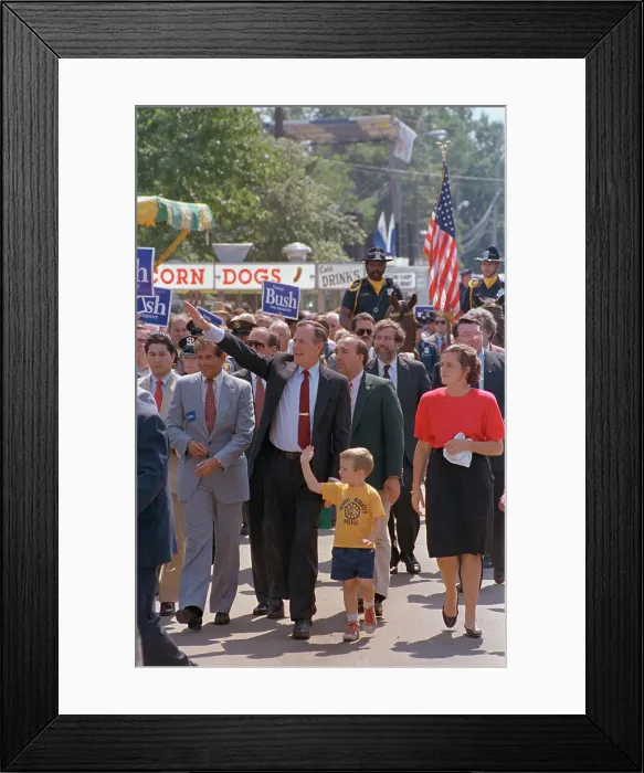 Framed Print : George Bush and Grandson Waving to Spectators Framed Print : George Bush and Grandson Waving to Spectators