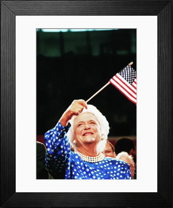 Framed Print : Barbara Bush Waving American Flag Framed Print : Barbara Bush Waving American Flag